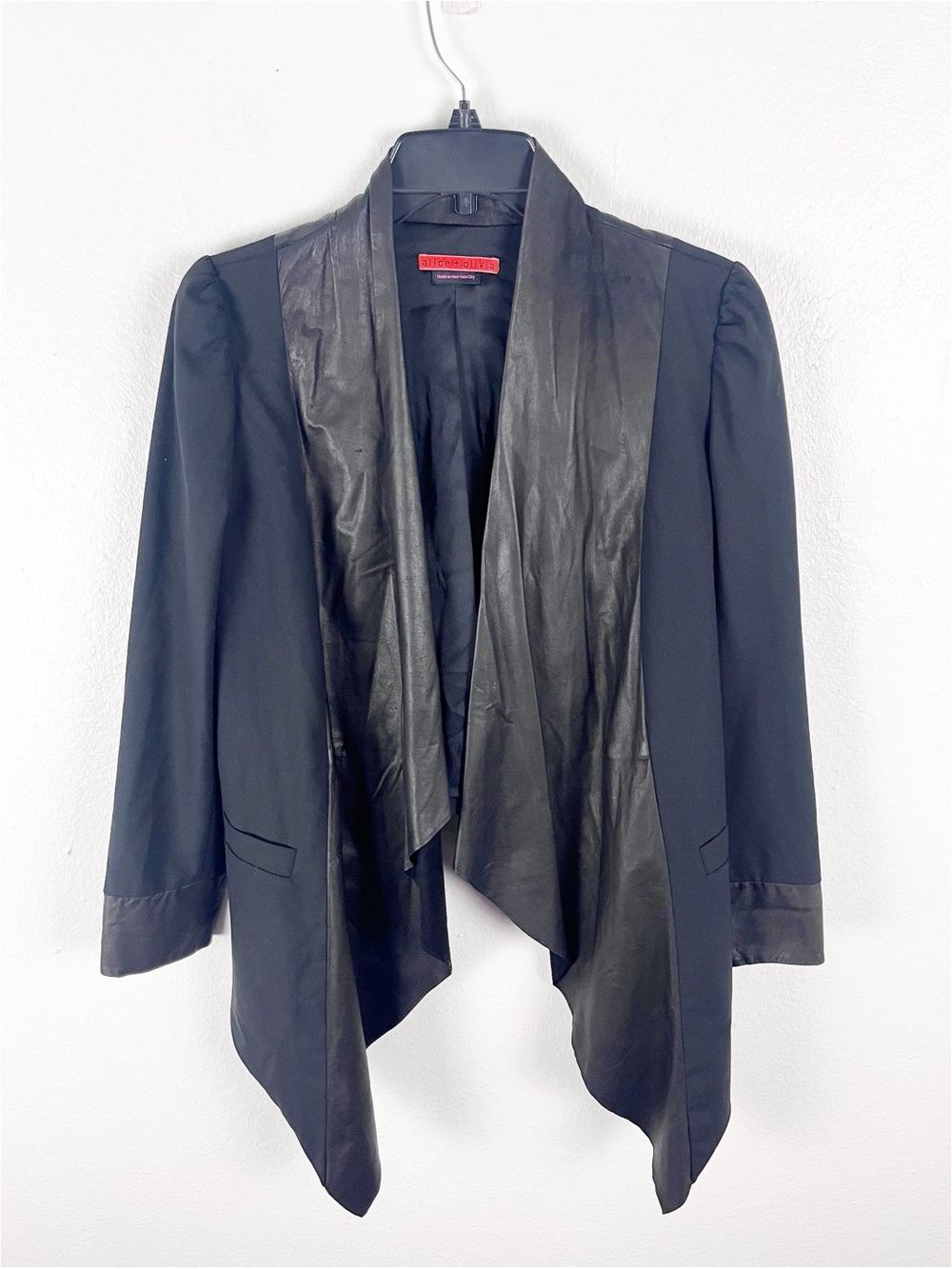 ALICE + OLIVIA Black Wool Leather Blend Draped Front Hook Closure Jacket S/M